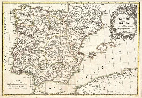 1775, Janvier Map of Spain and Portugal, topography, cartography, geography, land
