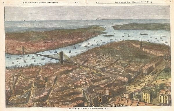 1883, German Map View of Lower Manhattan, the Brooklyn Bridge, and Brooklyn, topography