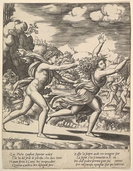 Apollo chasing Daphne throws arms up background