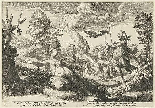 Apollo shoot the pregnant Coronis death, The crow denouncing her adultery flies above