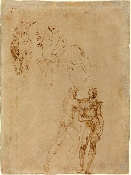Attributed to Vincenzo Tamagni, Italian (1492-c. 1530), Two Horsemen and Two Male Nudes