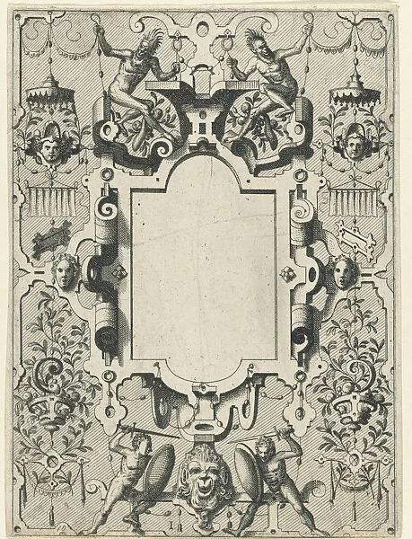 Cartouche in a frame of scroll work with grotesques, Johannes or Lucas van Doetechum