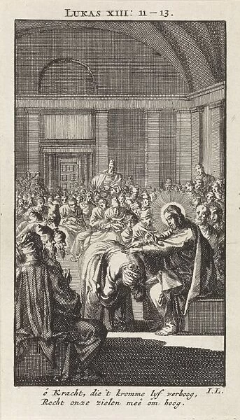 Christ puts his hand on a woman, Jan Luyken, wed. Pieter Arentsz & Cornelis van der Sys