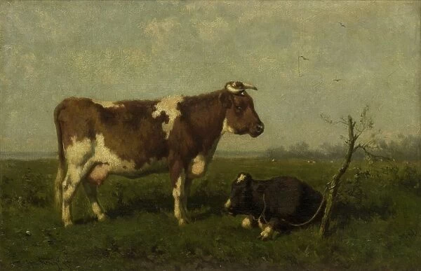 A cow with her calf in a meadow, Jan Vrolijk, 1879