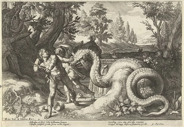 The dragon kills the companions of Cadmus, print maker: Robert de Baudous, Hendrick Goltzius