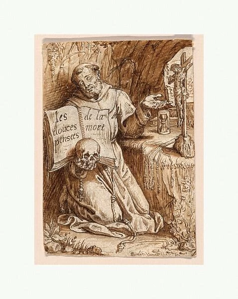 Drawings Prints, Drawing, Saint, Francis, Kneeling, Grotto, holding Book Skull, Artist