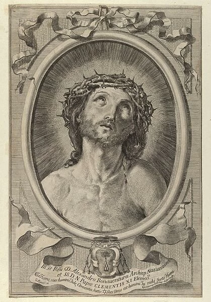 Drawings Prints, Print, Head, Christ, crown, thorns, oval, frame, ribbon, banderole