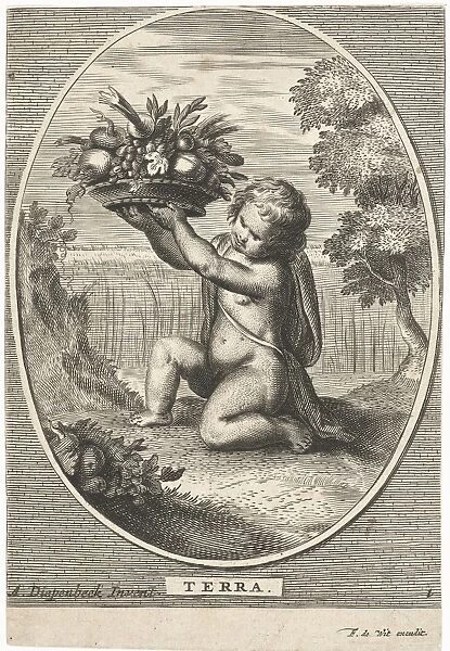 Element earth as a child with bowl of fruit and vegetables for cornfield in oval