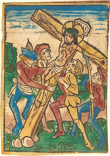 German 15th Century, Raising the Cross, c. 1490, hand-colored woodcut