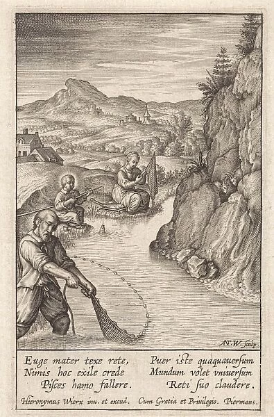 Holy Family fishing, Antonie Wierix (III), Hieronymus Wierix, Piermans, 1606 - before