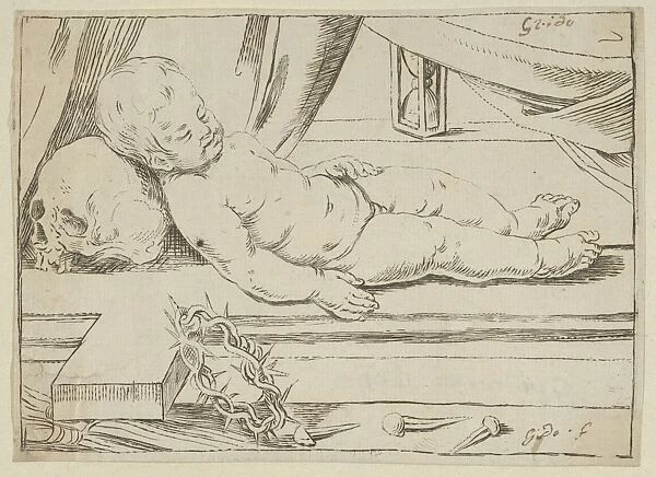 infant Christ asleep cross head resting skull