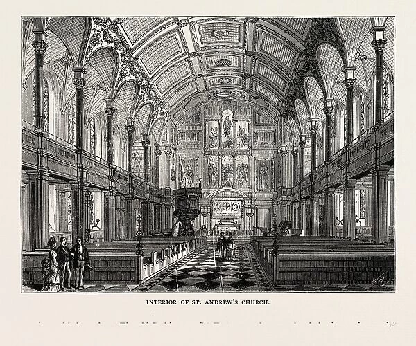 Interior of ST. Andrews Church, London, UK, 19th century engraving