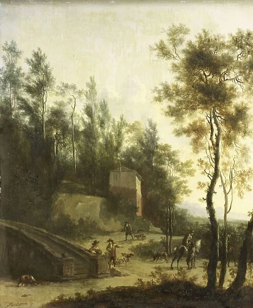 Italian landscape with hunters, Frederik de Moucheron, 1660 - 1686