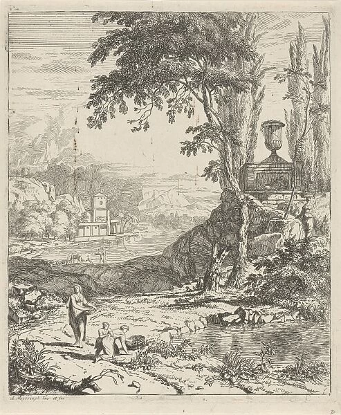 Landscape with flowers picking women, print maker: Albert Meyeringh, 1695 - 1714