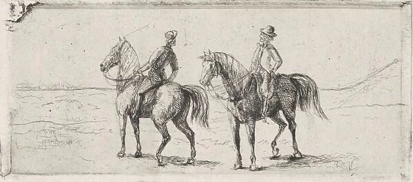 Landscape with two horsemen, print maker: Cornelis Albertus Johannes Schermer, 1839