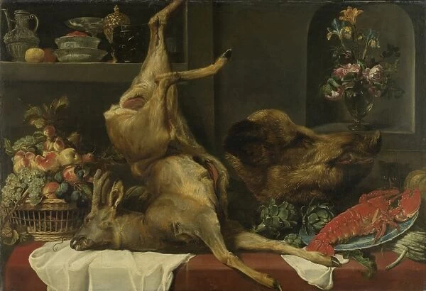Still life with a deer, a boars head, fruits and flowers, Frans Snijders, 1600