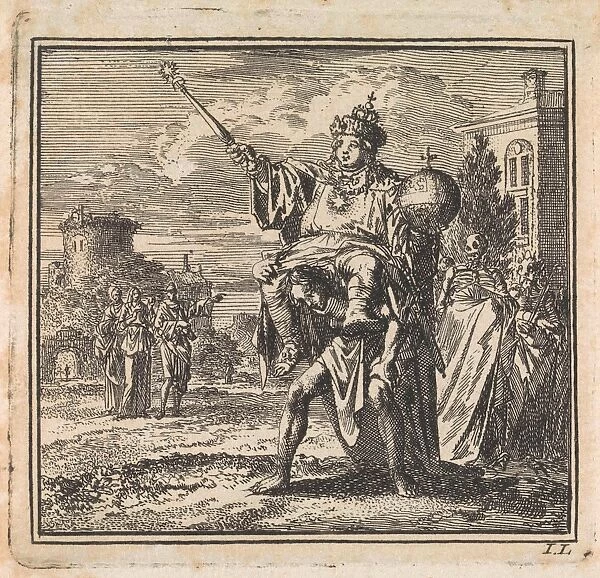 Man is burdened by the weight of the dignitary on his back, whose cloak is carried