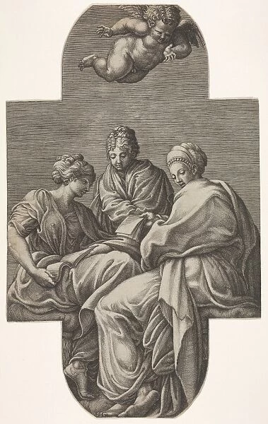 Three Muses seated underneath flying putto gestures downward