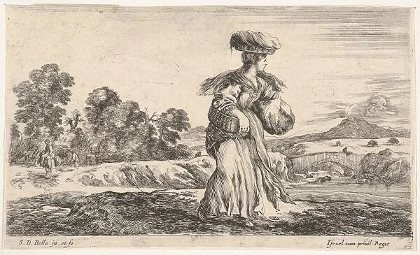 peasant woman standing center facing right carrying