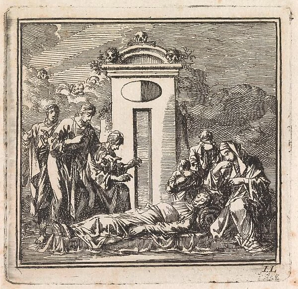 Six people mourn a dead person, Jan Luyken, wed. Pieter Arentsz & Cornelis van der Sys