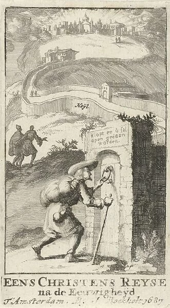 Pilgrim knocks on a door, print maker: Jan Luyken, Johannes Boekholt, 1687