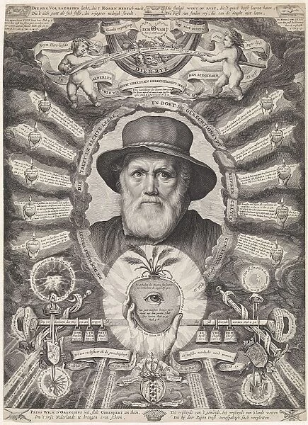 Portrait of Dirck Volckertsz Coornhert in allegorical frame, print maker: Theodor Matham