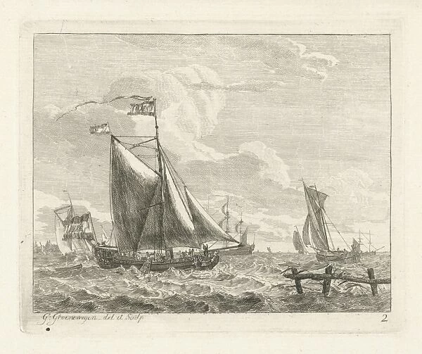Eight sailing in rough seas, Gerrit Groenewegen, 1786