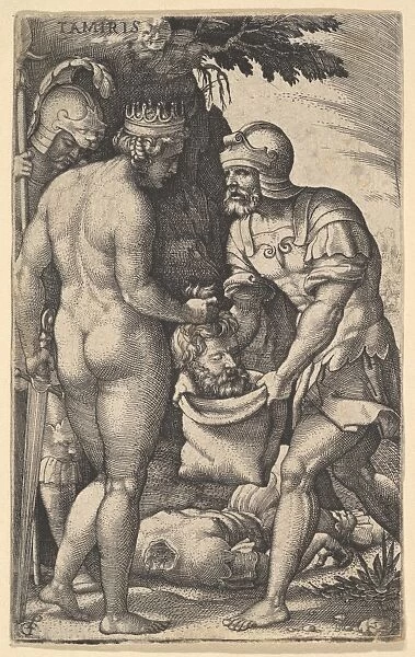 Tomyris shown nude placing head Cyrus sack held