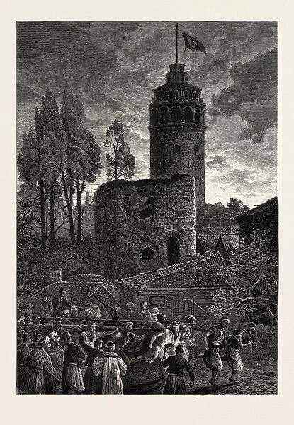 THE TOWER OF GALATA, A FIRE, Constantinople, Istanbul, Turkey, 19th century engraving