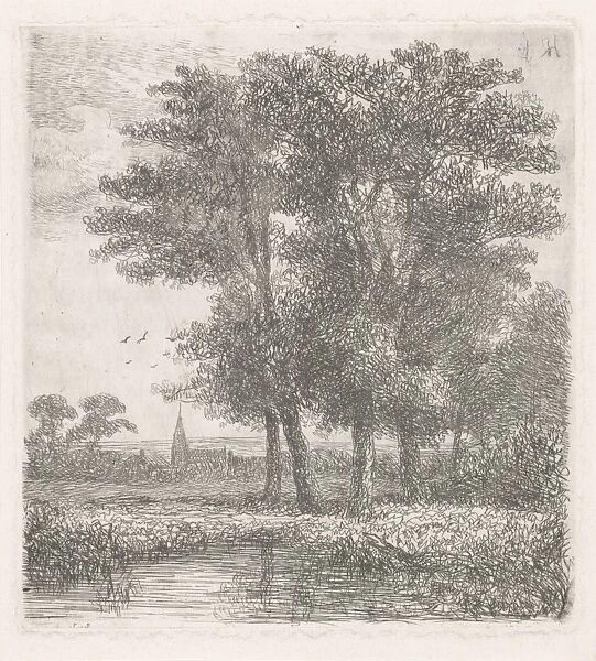 Four trees in a fen, Hermanus Jan Hendrik van Rijkelijkhuysen, 1823 - 1883
