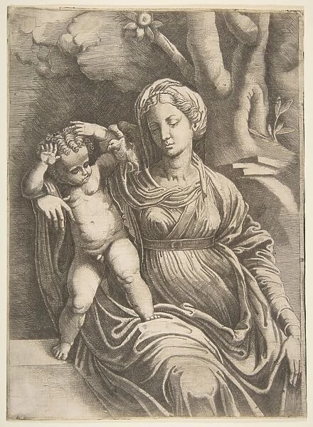 Virgin Child seated beneath tree ca 1560 Engraving