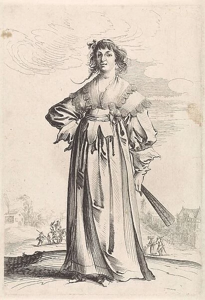 Women with a fan, print maker: Pieter Nolpe, Pieter Jansz. Quast, 1623 - 1653