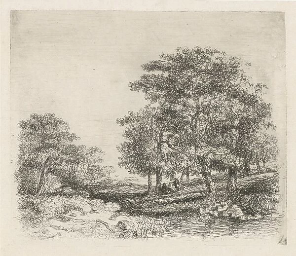Wooded landscape with two men conversing, print maker: Hermanus Jan Hendrik van Rijkelijkhuysen