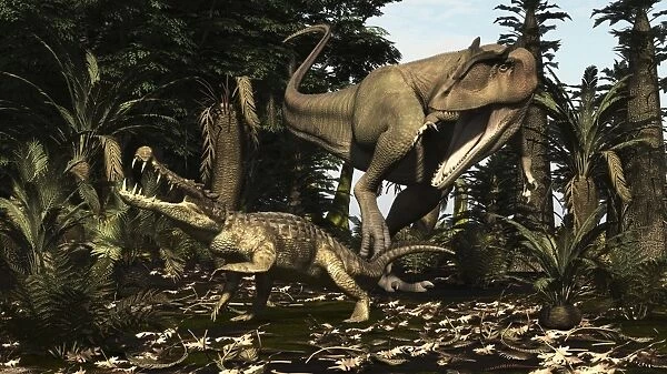A large Carcharodontosaurus attacks a Kaprosuchus