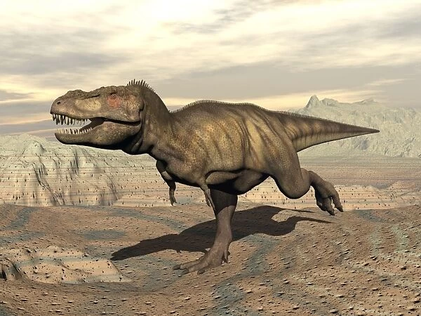 Tyrannosaurus Rex dinosaur running across rocky terrain