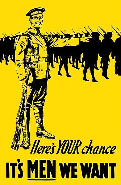 Vintage World War One poster of a soldier pointing towards marching troops