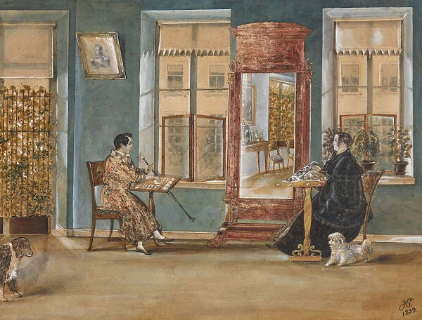 Actor Nikolay Osipovich Dur (1807-1839) with his woman in the living room, 1839. Creator: Hampeln