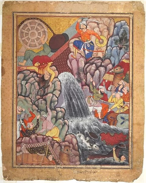 Alamshah cleaving asunder the chain of the wheel, from volume 11 of a Hamza-nama