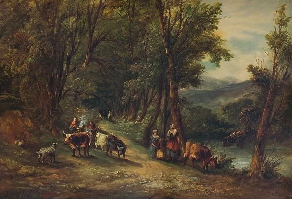 Cattle and Figures in Wooded Valley with Stream, 1860, (1938). Artist: Alfred Vickers