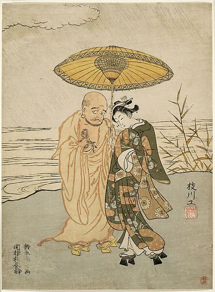 Daruma and a young woman in the rain, 1765. Creator: Suzuki Harunobu