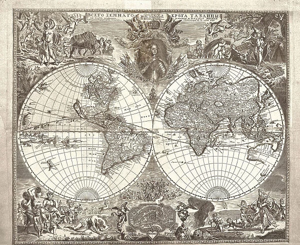 Double hemisphere map of the World, 1713. Artist: Kiprianov, Vasily Anufrievich (1669-after 1723)