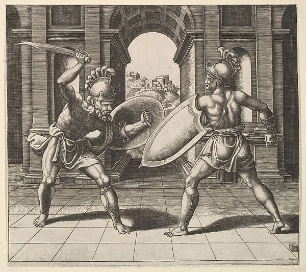 Two gladiators fighting in front of an arch, 1530-60. Creator: Master of the Die