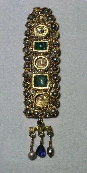 Gold Roman hair ornament, set with sapphires, emeralds, and pearls, 3rd century