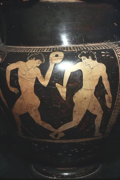 Greek Vase painting, Athletes with jumping-weights, found in Etruscan burial, c6th century BC