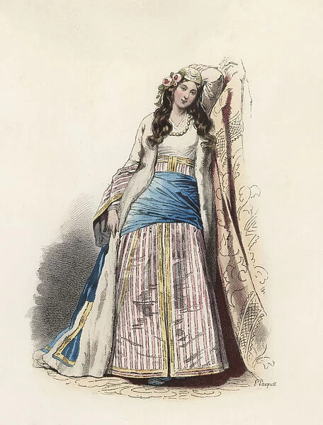 Greek young woman, color engraving, 1870