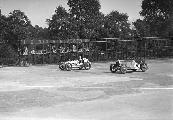Kay Petres Austin OHC 744 cc, LCC Relay GP, Brooklands, 26 July 1937. Artist: Bill Brunell