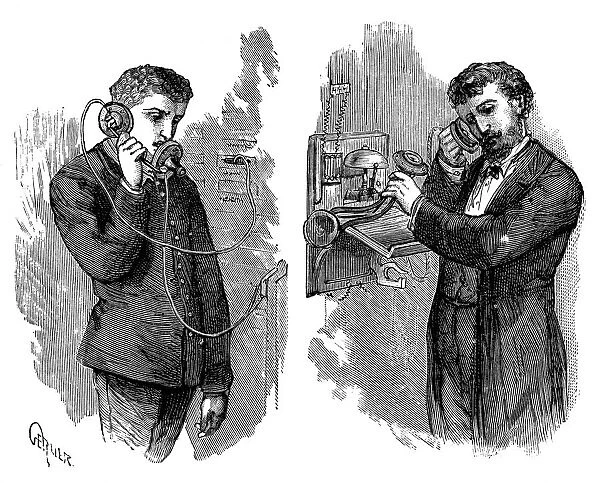 New York telephone subscriber making call through operator at telephone exchange, 1883