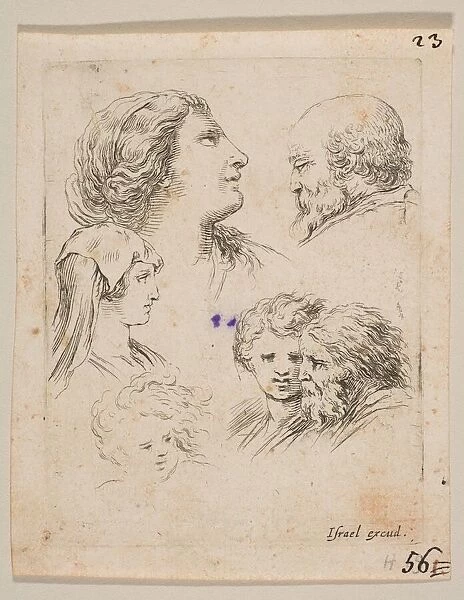 Plate 9: five heads, two young women at left, a bearded man at upper right, a young wo