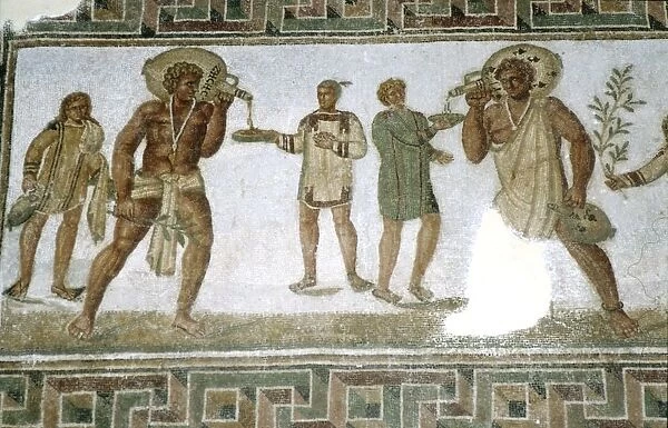 Roman floor mosaic, Servants bring wine to guests at a banquet, c3rd century