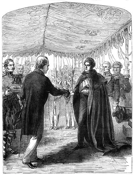 Sir Walter Scott presenting the Cross of St Andrew to King George IV, 1822